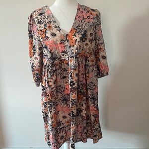 Retro Floral Printed Baby Doll V-Neck Dress